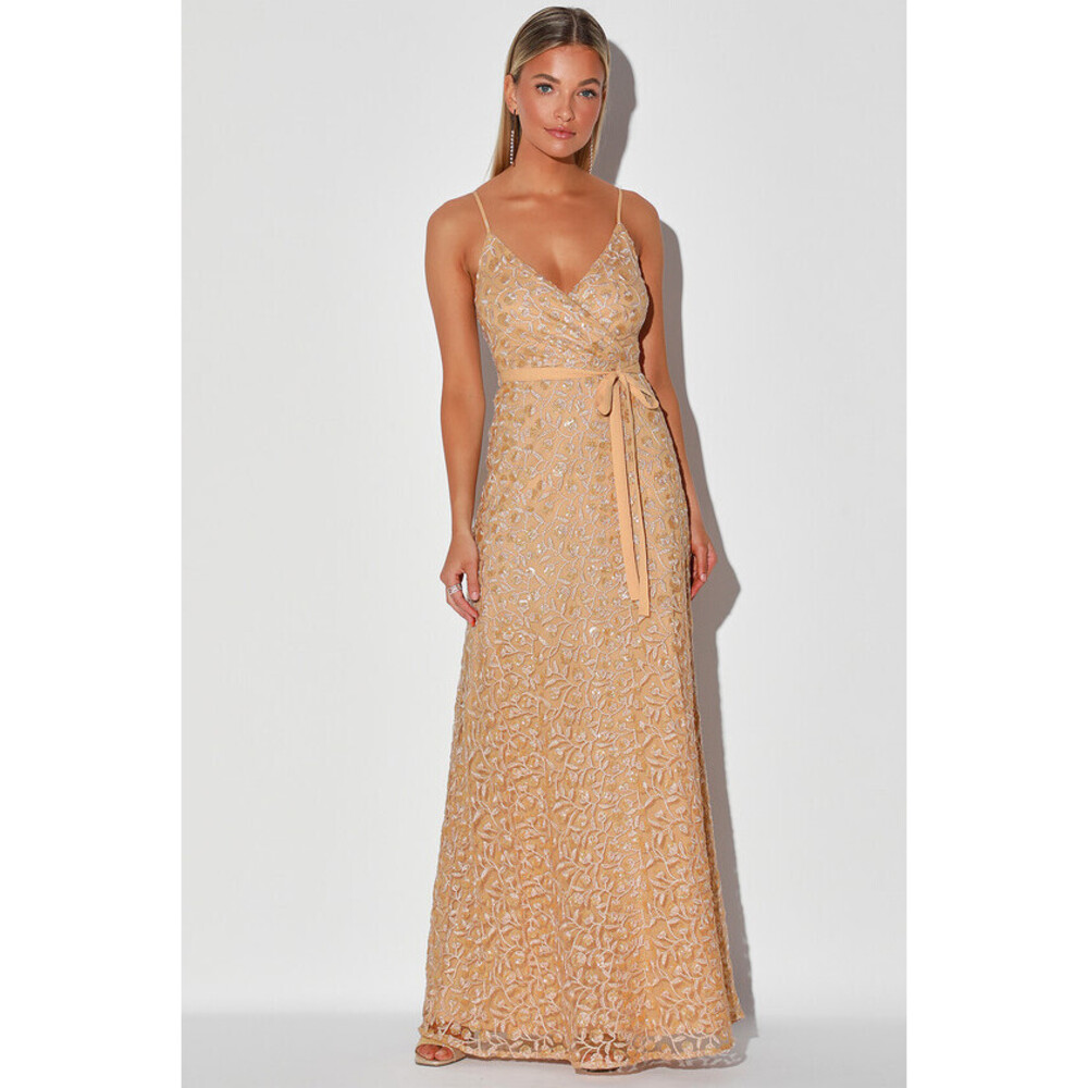 Lulus Breathtaking Beauty Champagne Sequin Embroidered Maxi Dress Beige